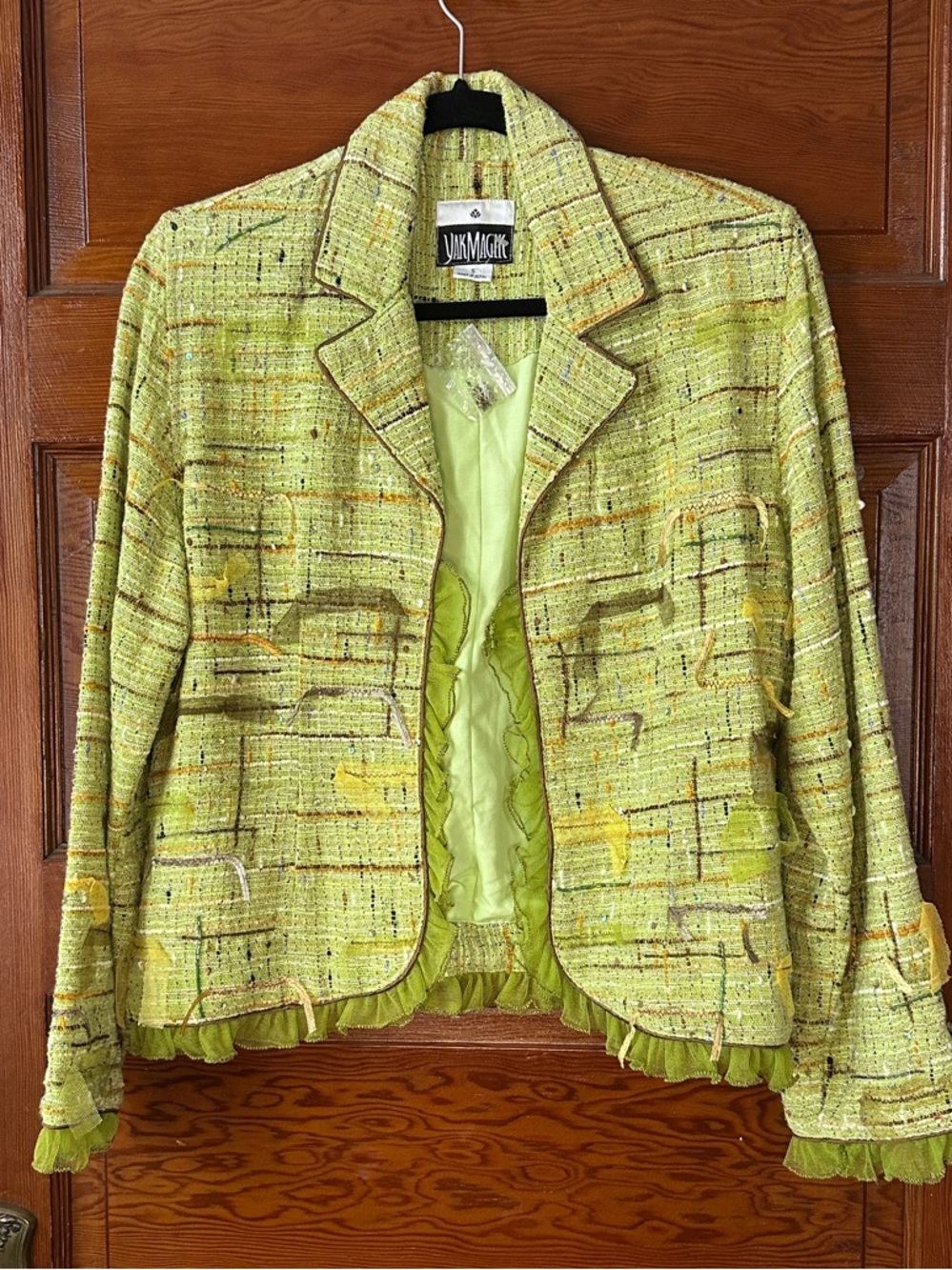 Yak Magik Chartreuse Tweed Ruffle Hem Blazer